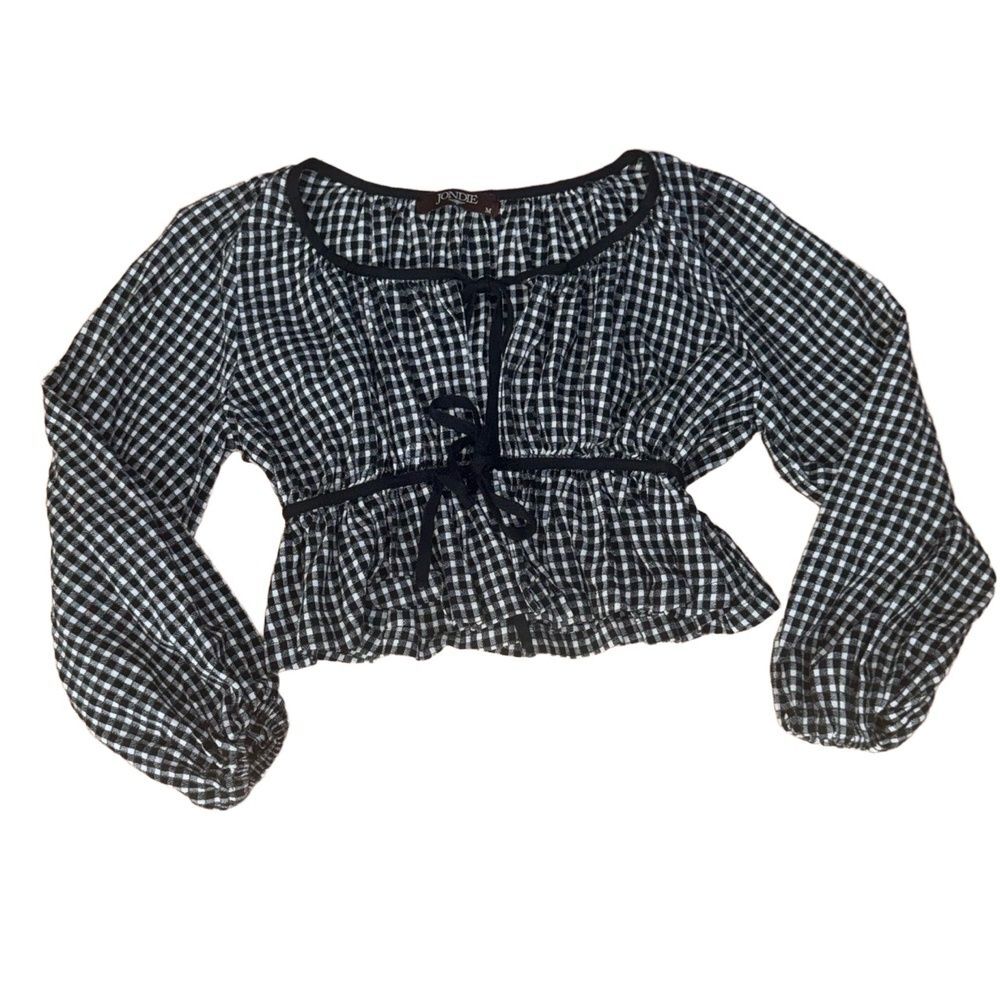 Jondie Gingham Crop Top Womens Medium Black White Cottagecore Tie Front Blouse